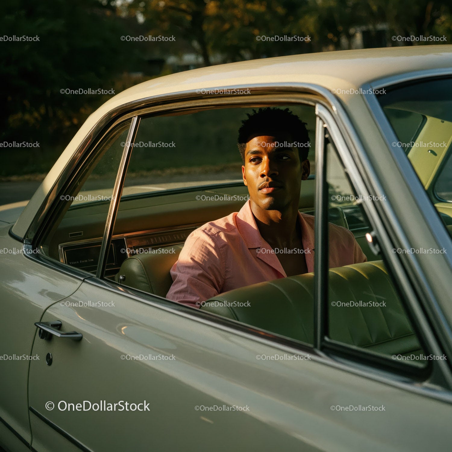 Young Man in Pink Shirt Sitting in Vintage Car on a Sunny Day