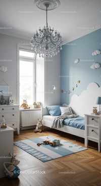 Cute Blue and White Children's Bedroom with Cloud Wall Decor and Wooden Toys