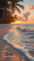 Scenic Tropical Beach Sunset with Palm Trees and Ocean Waves