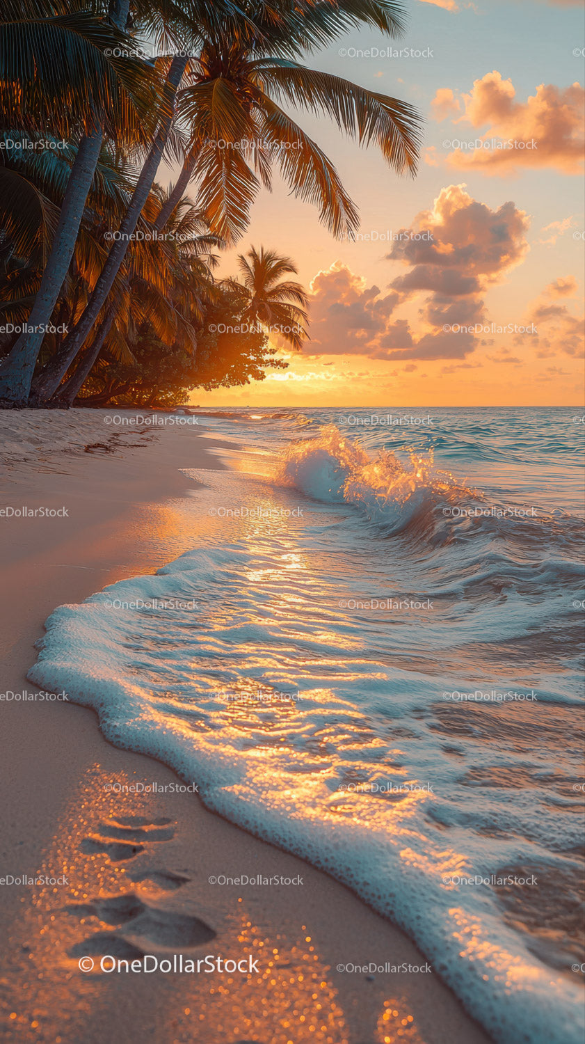 Scenic Tropical Beach Sunset with Palm Trees and Ocean Waves