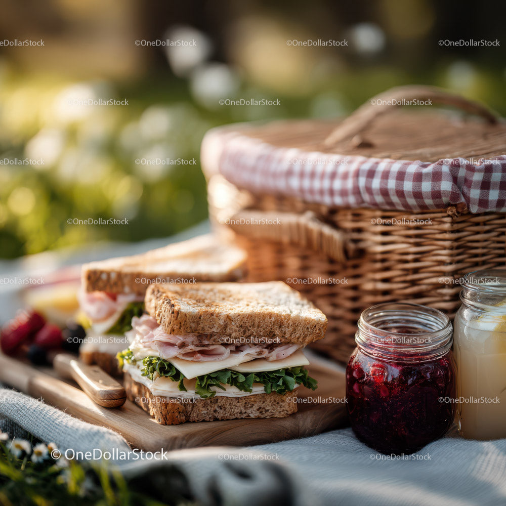Sandwiches with Ham and Greens at a Summer Picnic in Nature