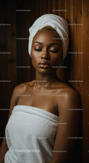 Relaxed African Woman With Towel Wrap in Spa Setting