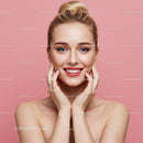 Beautiful Blonde Woman Smiling Perfectly with Pink Background