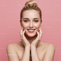 Beautiful Blonde Woman Smiling Perfectly with Pink Background