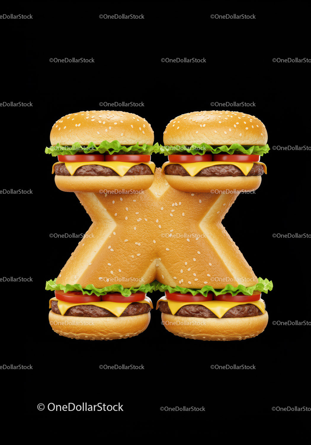 Kreatywna litera X z czterech cheeseburgerów na czarnym tle