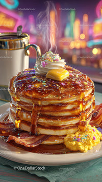 Sweet Pancake Stack with Caramel Syrup and Whipped Cream