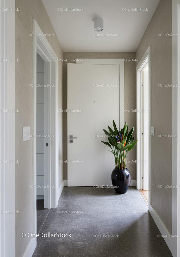 Modern Minimalist Hallway with Green Potted Plant and White Doors