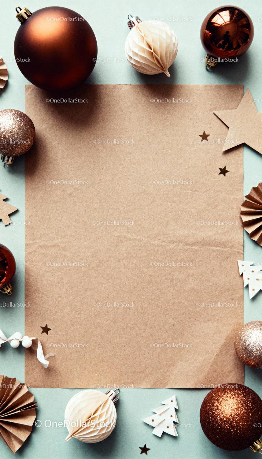 Festive holiday decorations with blank kraft paper background JPG Mockup Image preview