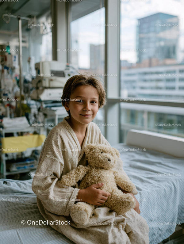 Happy Child Sitting in Hospital Room with Teddy Bear