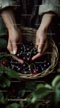 Hands Picking Ripe Black Cherries in a Basket in a Lush Orchard