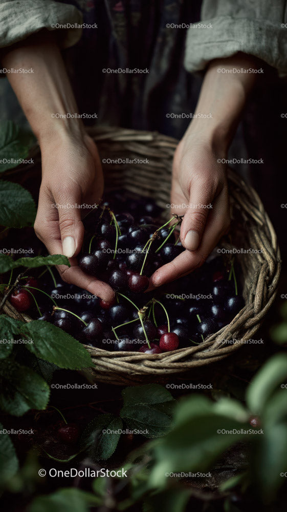 Hands Picking Ripe Black Cherries in a Basket in a Lush Orchard