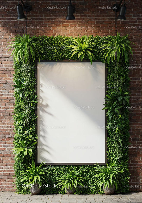 Blank white poster framed by lush green plants on brick wall JPG Mockup Image