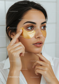 Woman Applying Under Eye Gold Hydrogel Patches for Skin Rejuvenation