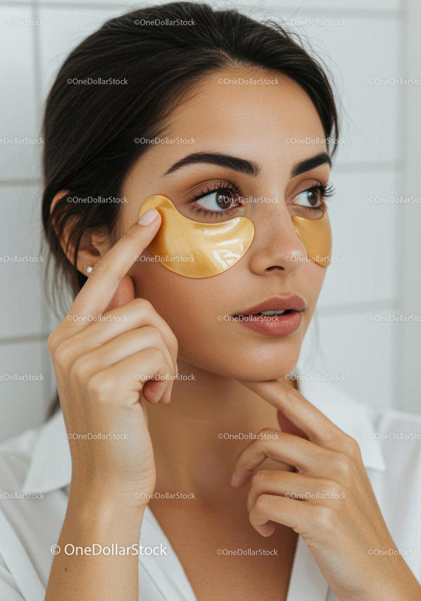 Woman Applying Under Eye Gold Hydrogel Patches for Skin Rejuvenation