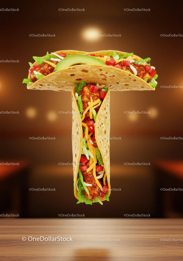 Two Chicken Tacos Forming Letter T on Wooden Table