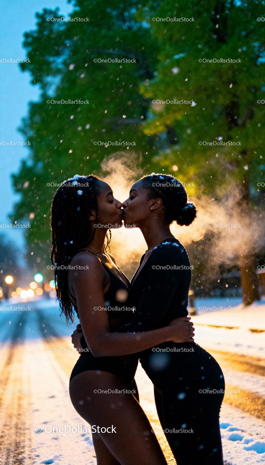 Affectionate couple sharing a kiss on snowy evening
