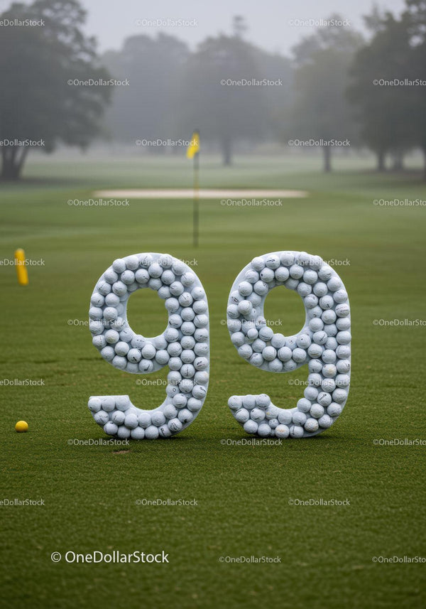 Znak na polu golfowym z białych piłek golfowych w kształcie liczby dziewięćdziesiąt dziewięć