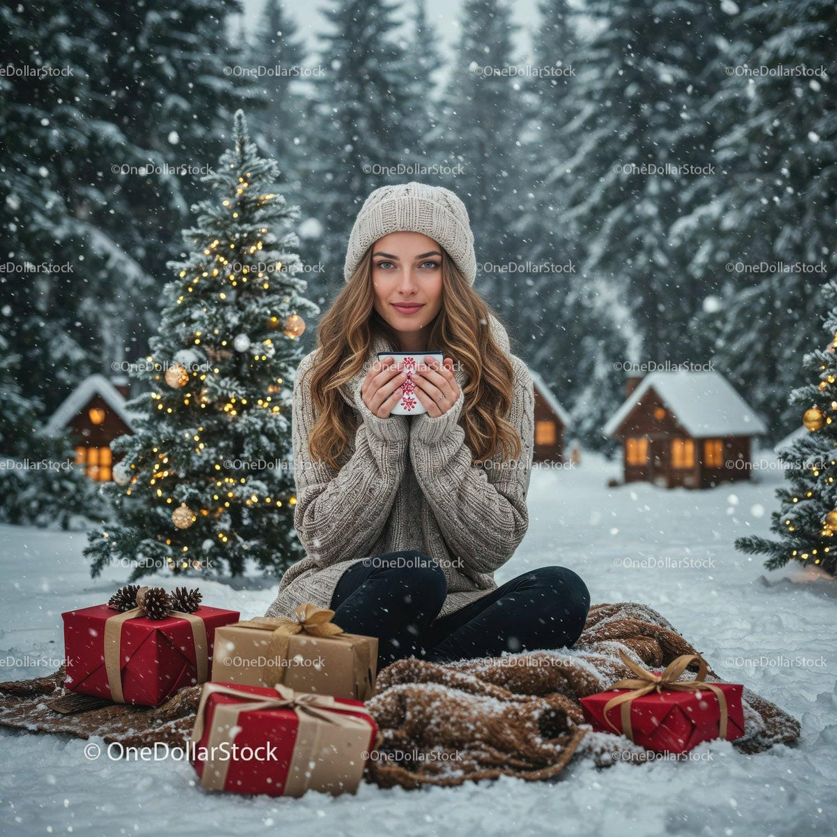 Young woman enjoying hot drink in snowy Christmas setting