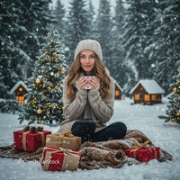 Young woman enjoying hot drink in snowy Christmas setting
