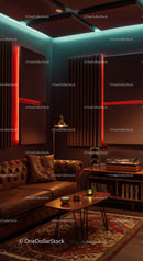 Cozy vintage lounge with leather sofa and music setup