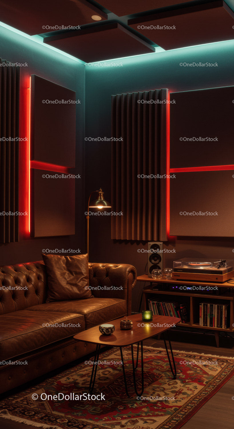 Cozy vintage lounge with leather sofa and music setup