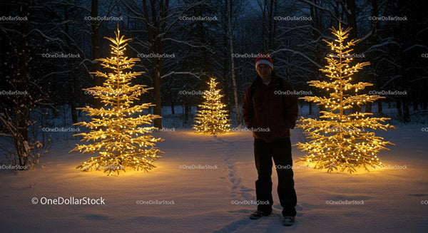 Man in Santa Hat Standing Near Lit Christmas Trees Outdoors