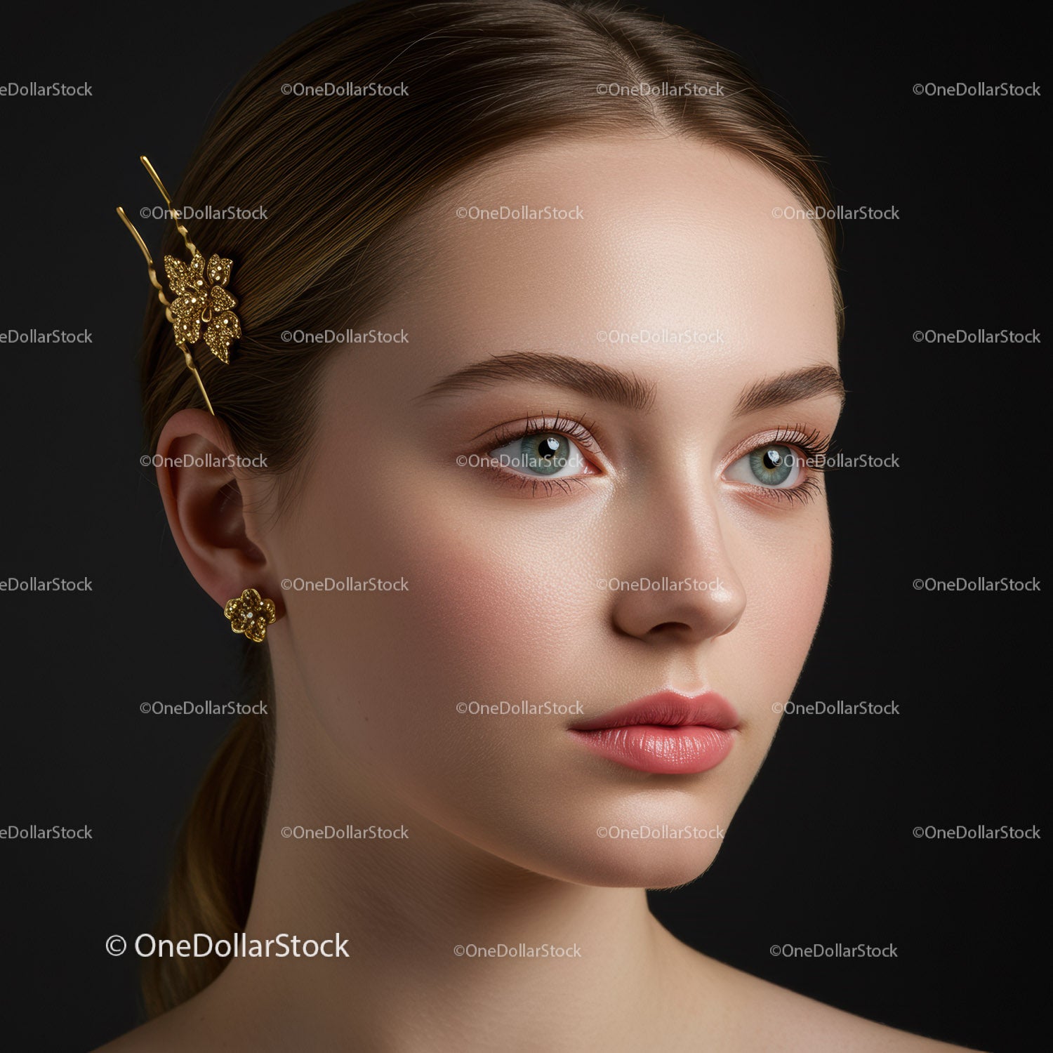 Elegant Young Woman with Gold Jewelry and Perfect Makeup