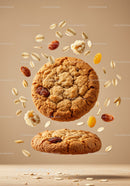 Oatmeal Raisin Cookies with Floating Ingredients on Beige