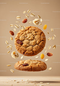 Oatmeal Raisin Cookies with Floating Ingredients on Beige