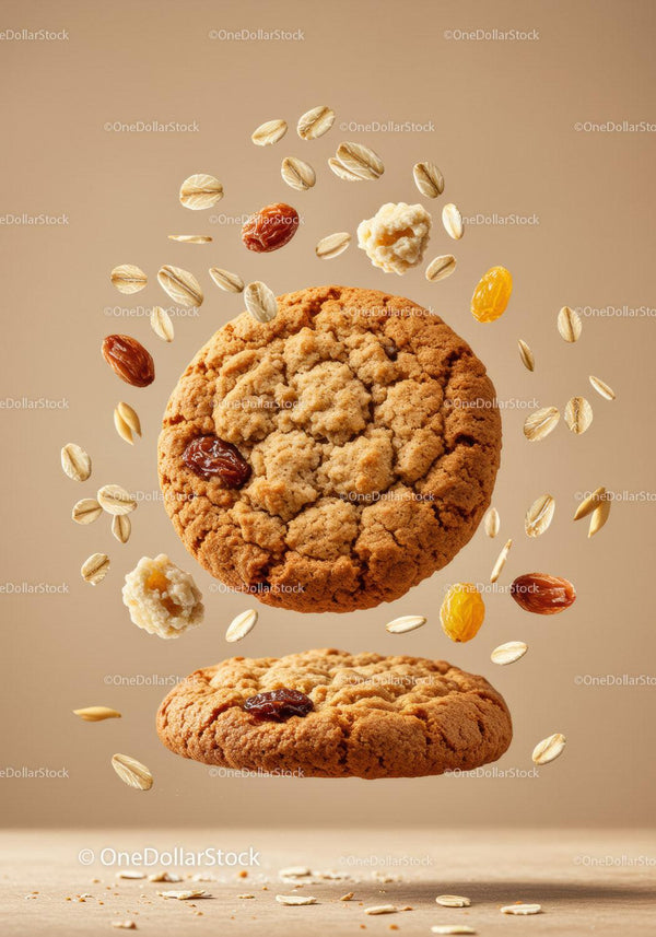 Oatmeal Raisin Cookies with Floating Ingredients on Beige