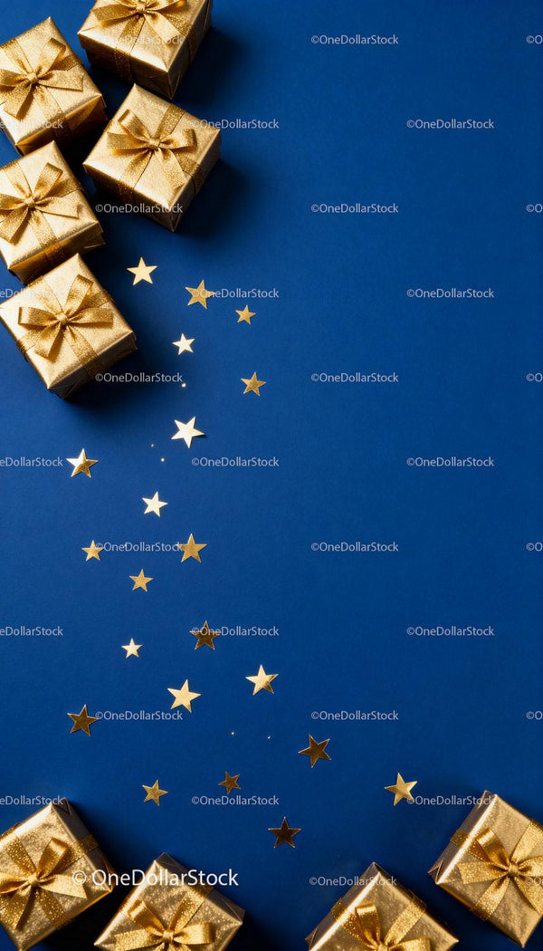 Golden Gift Boxes with Sparkling Star Confetti on Blue