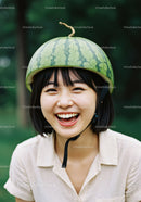 Happy woman wearing unique watermelon helmet outdoors