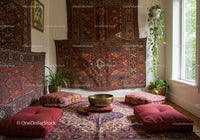 Cozy meditation corner with vibrant cushions and rugs