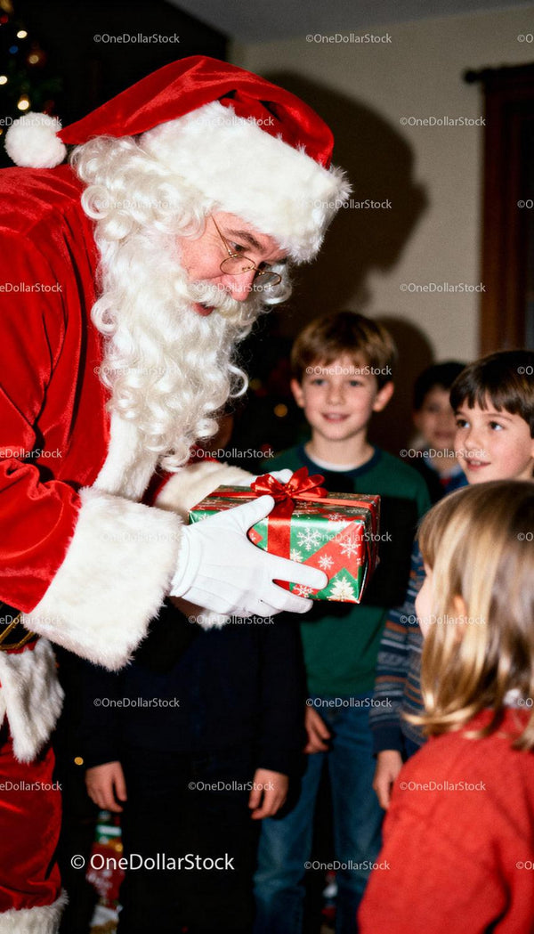 Santa Claus handing wrapped gift to excited children