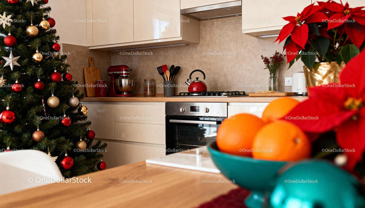 Cozy modern kitchen decorated for Christmas holiday