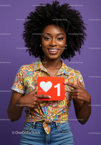 Joyful Young Woman Holding Heart Social Media Notification Sign