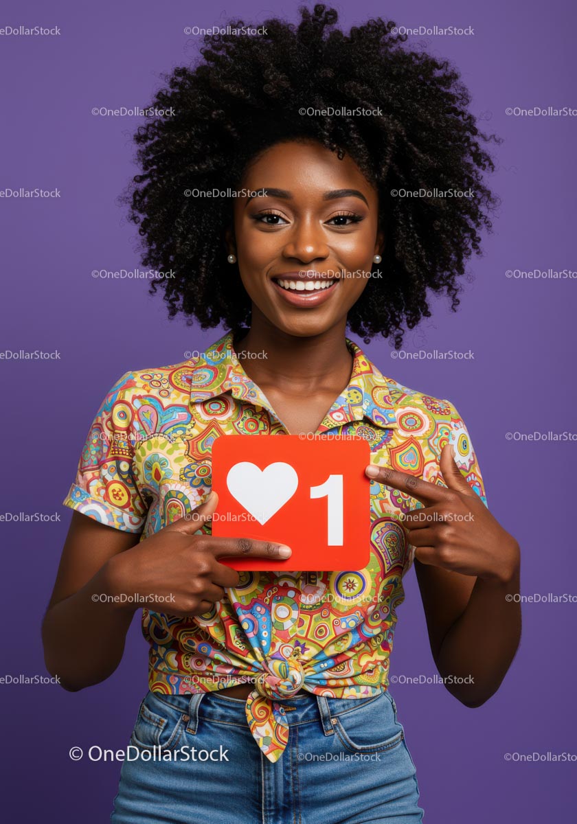Joyful Young Woman Holding Heart Social Media Notification Sign