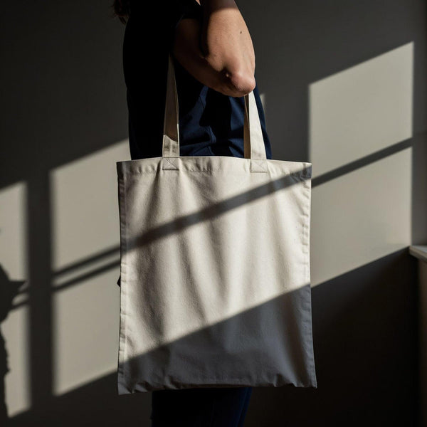 Person Holding Blank Canvas Tote Bag in Warm Light JPG Mockup Image