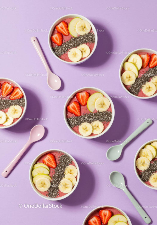 Healthy smoothie bowls with fresh fruit and chia seeds