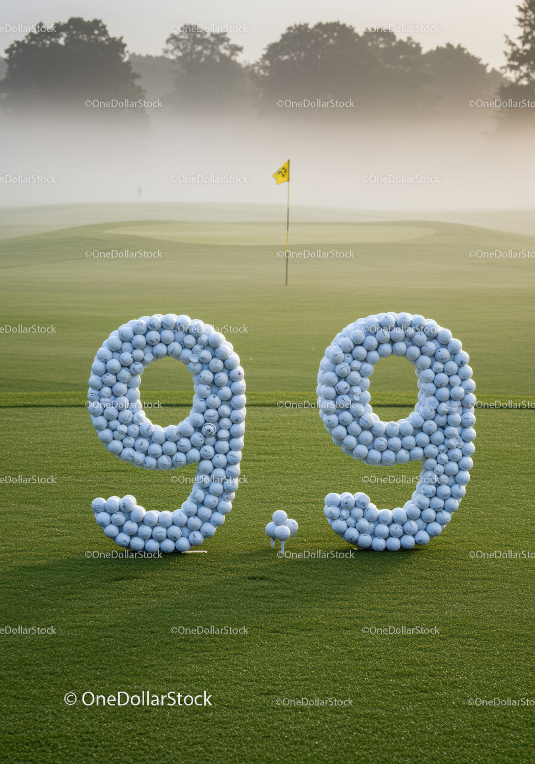Piłki golfowe tworzące numer 9,9 na polu zielonym