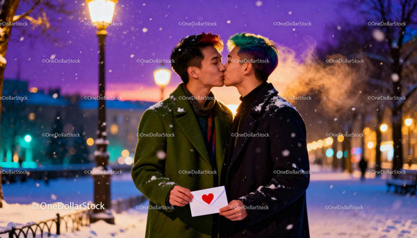 Two Men Sharing a Tender Kiss in Snowy Winter Park