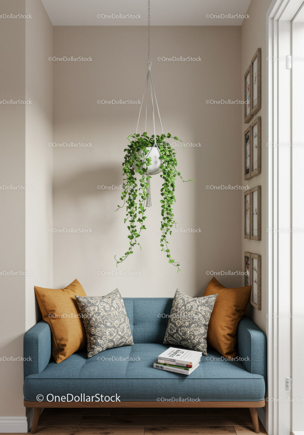 Nowoczesny salon z wiszącą paprocią i przytulną niebieską sofą