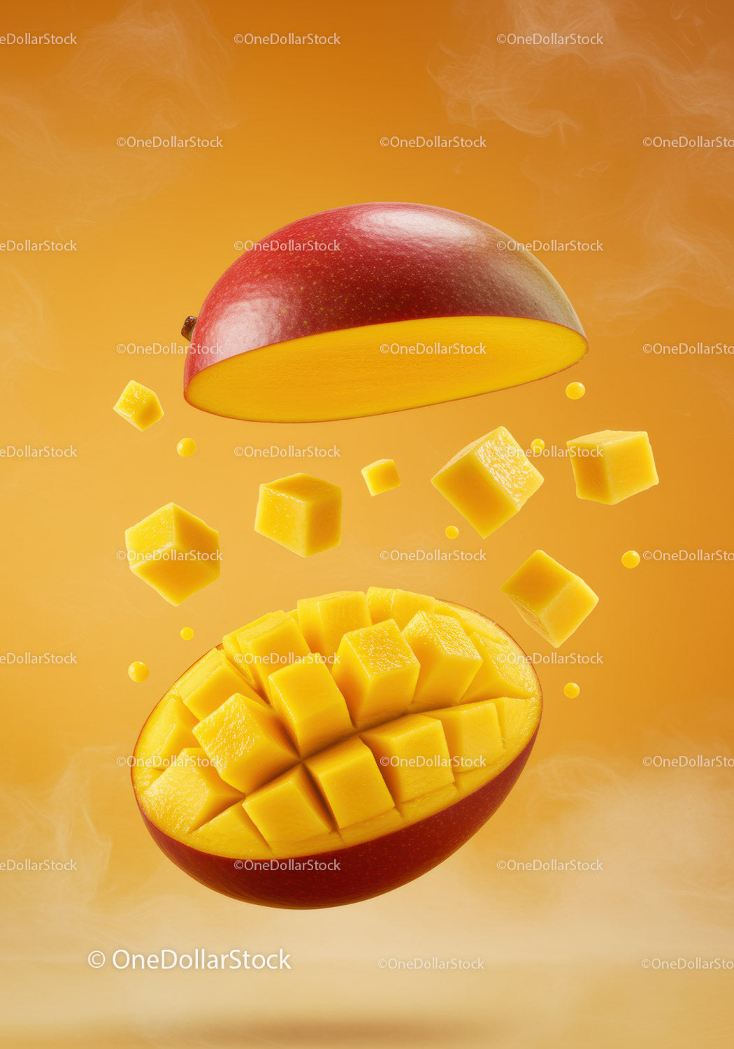 Fresh diced mango cubes flying above ripe fruit