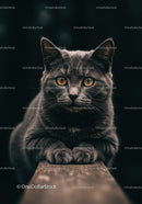 Gray cat with bright amber eyes resting on wooden edge