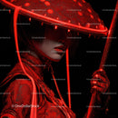 Futuristic Samurai in Neon Red Armor Holding Umbrella