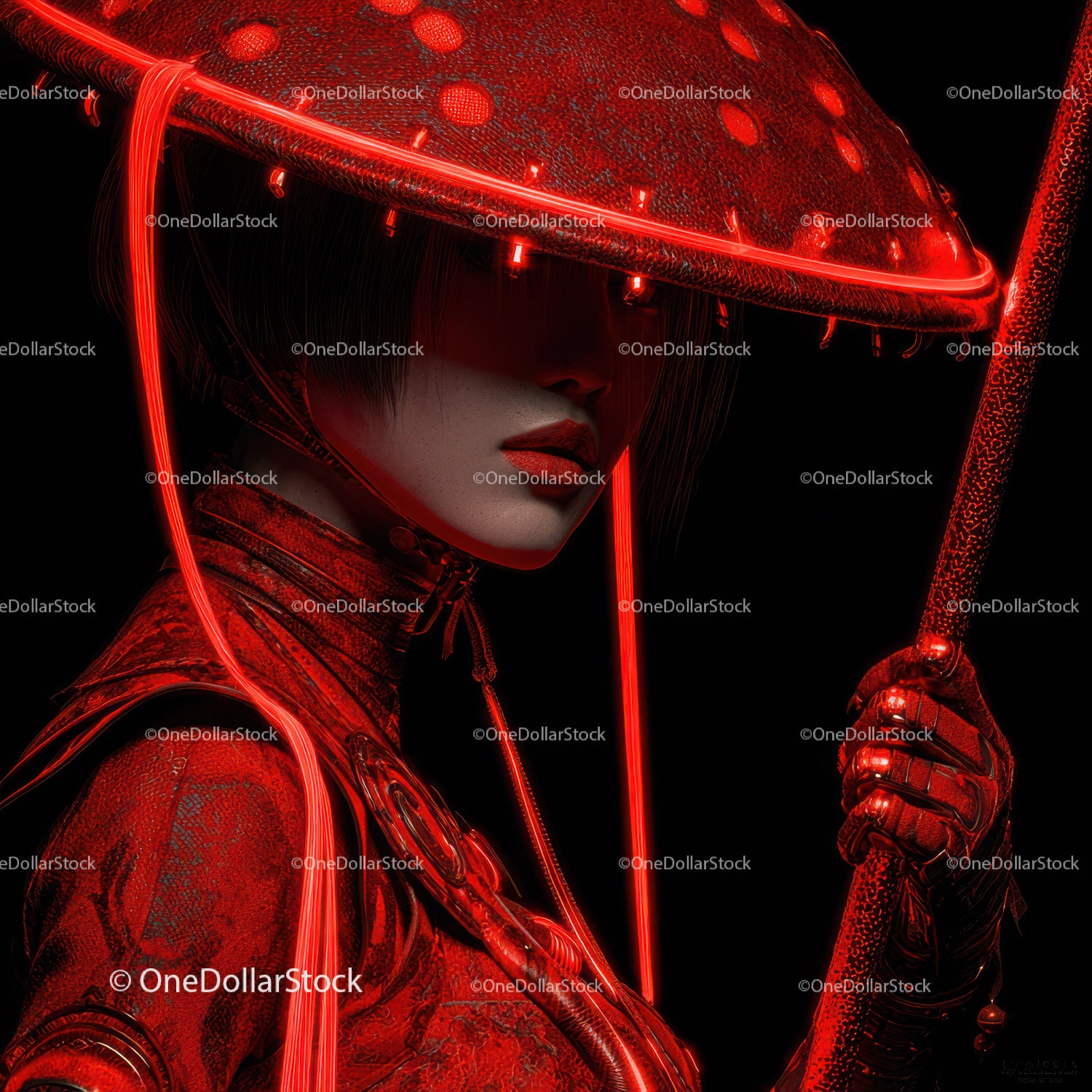 Futuristic Samurai in Neon Red Armor Holding Umbrella