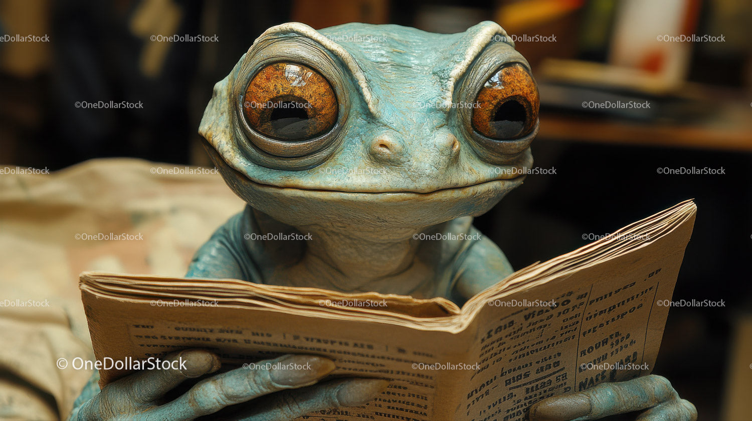 Close-up of a Greenish Blue Gecko Reading a Book