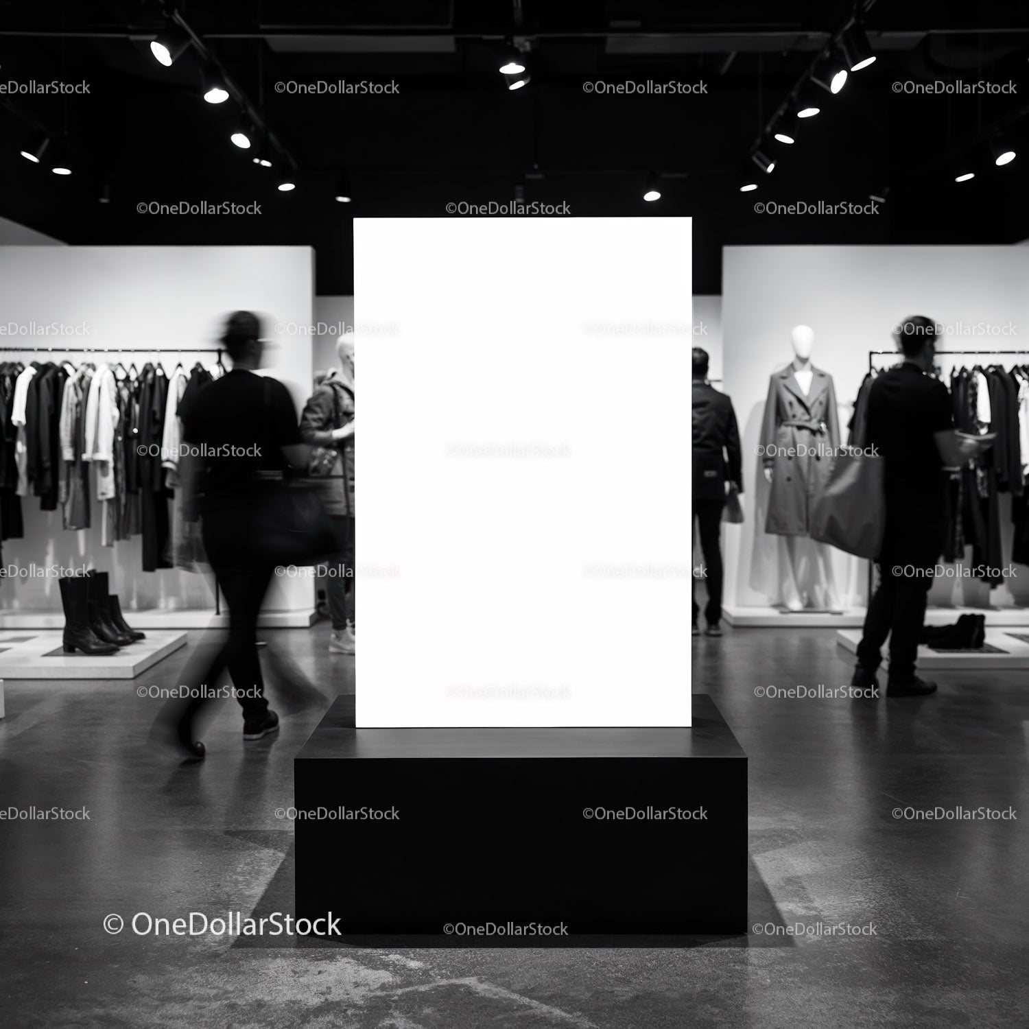 Modern retail store interior with illuminated advertising board