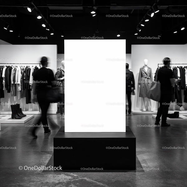 Modern retail store interior with illuminated advertising board JPG Mockup Image
