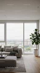 Contemporary Living Room with Large Windows and Cityscape View
